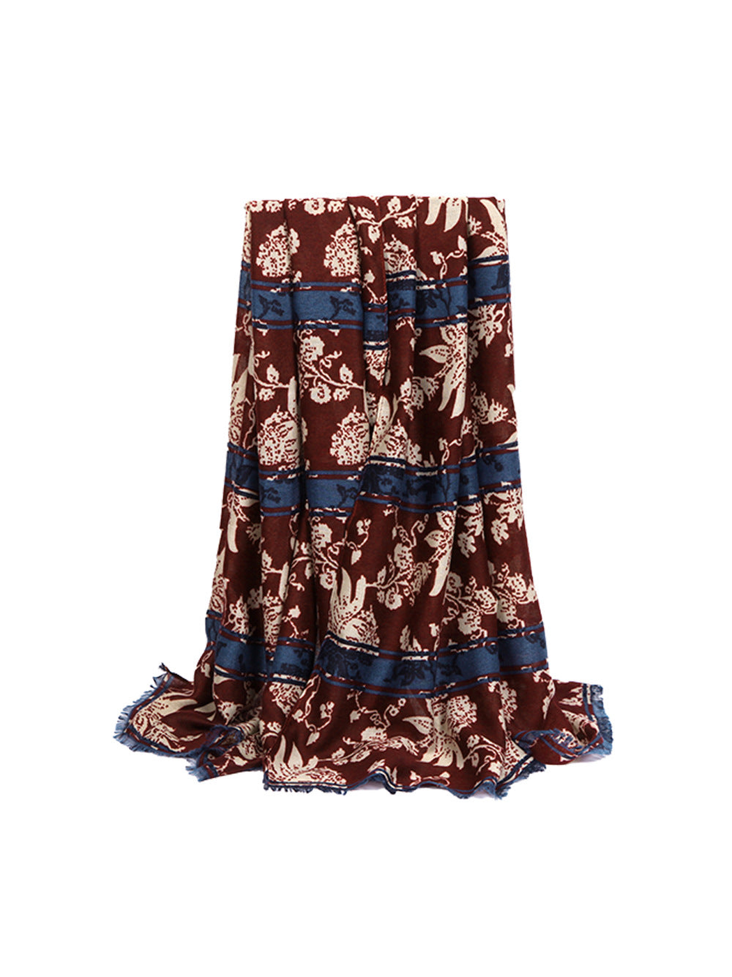 Burgundy floral and animal motif scarf with navy border bands