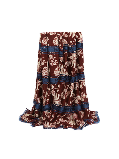 Burgundy floral and animal motif scarf with navy border bands