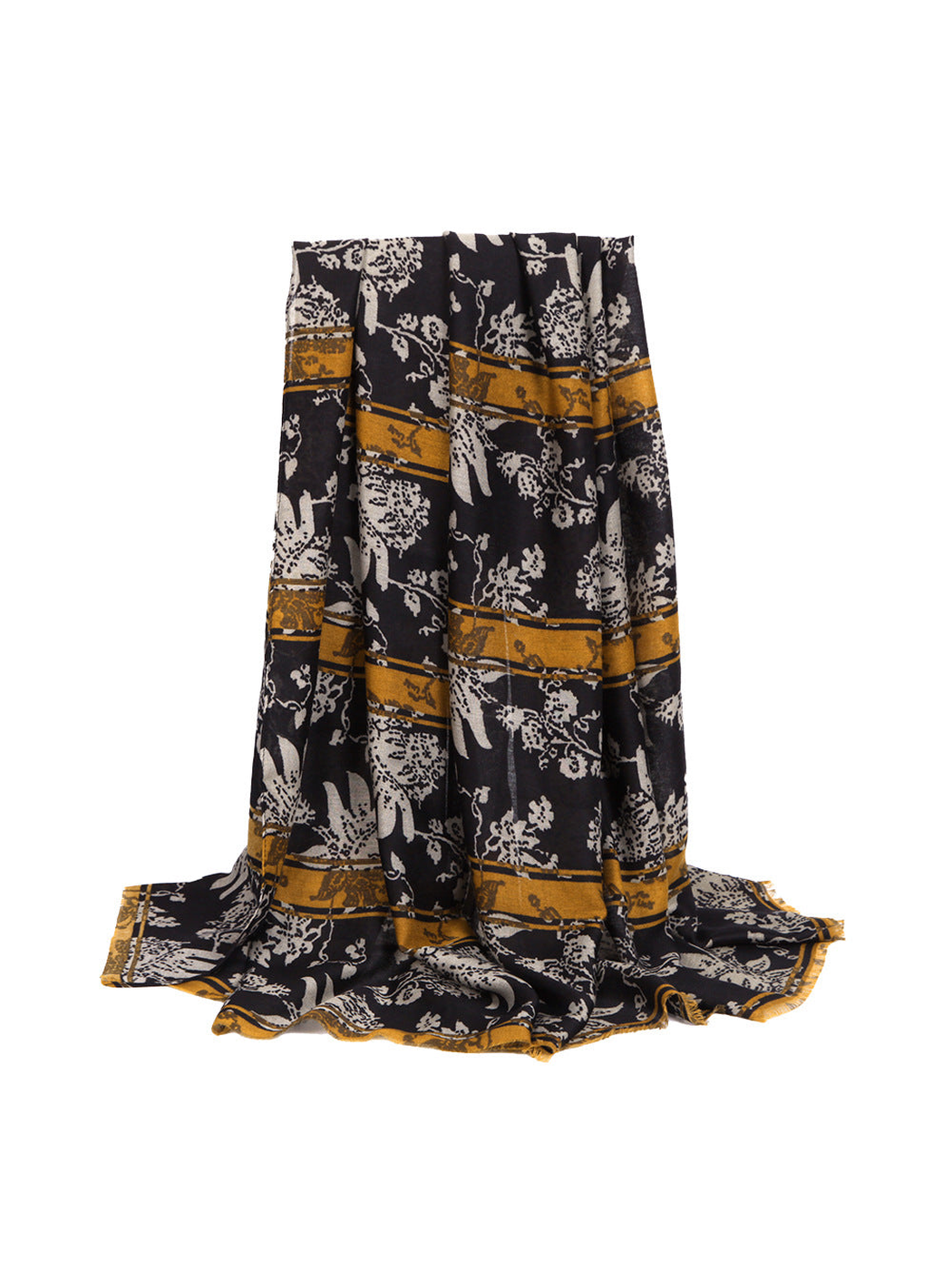 Black floral and animal motif scarf with mustard border bands
