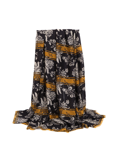 Black floral and animal motif scarf with mustard border bands