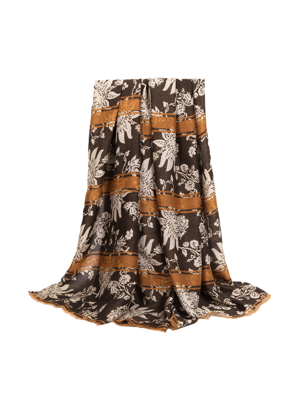 Dark brown floral and animal motif scarf with golden brown border bands