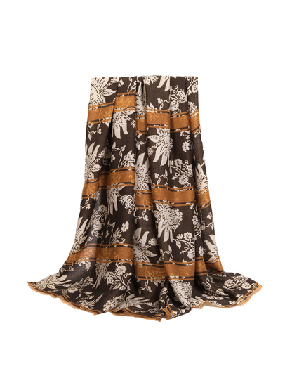 Dark brown floral and animal motif scarf with golden brown border bands
