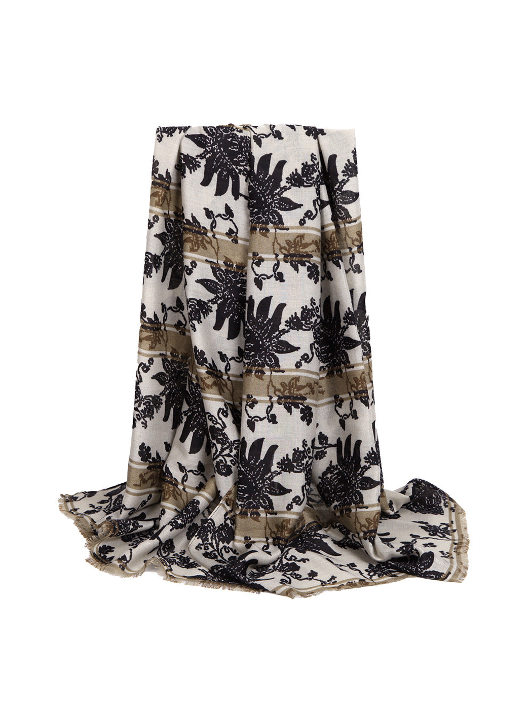 Beige scarf with black floral and animal motifs and taupe border bands