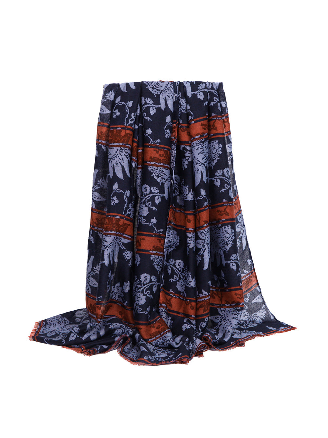 Navy floral and animal motif scarf with rust border bands