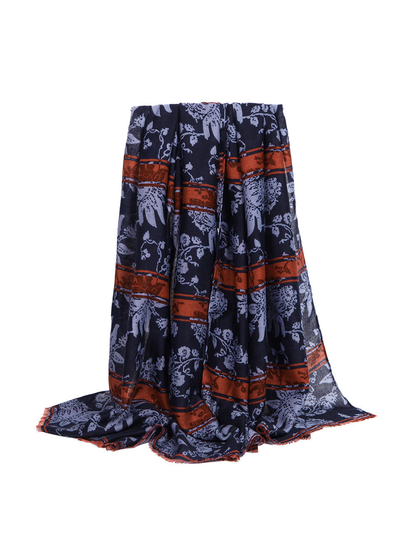 Navy floral and animal motif scarf with rust border bands