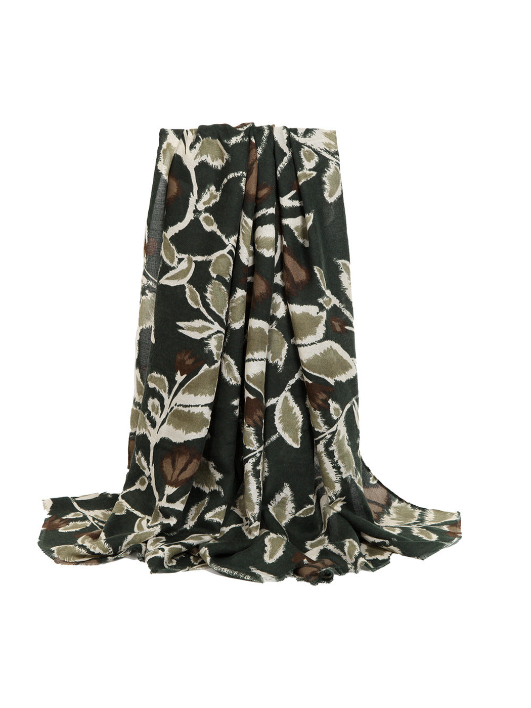 Dark green botanical scarf in a full draped view