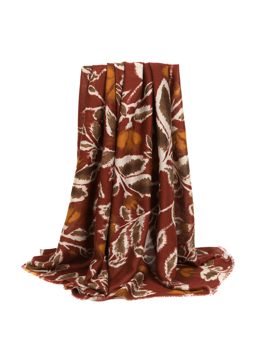 Red botanical scarf in a full draped view