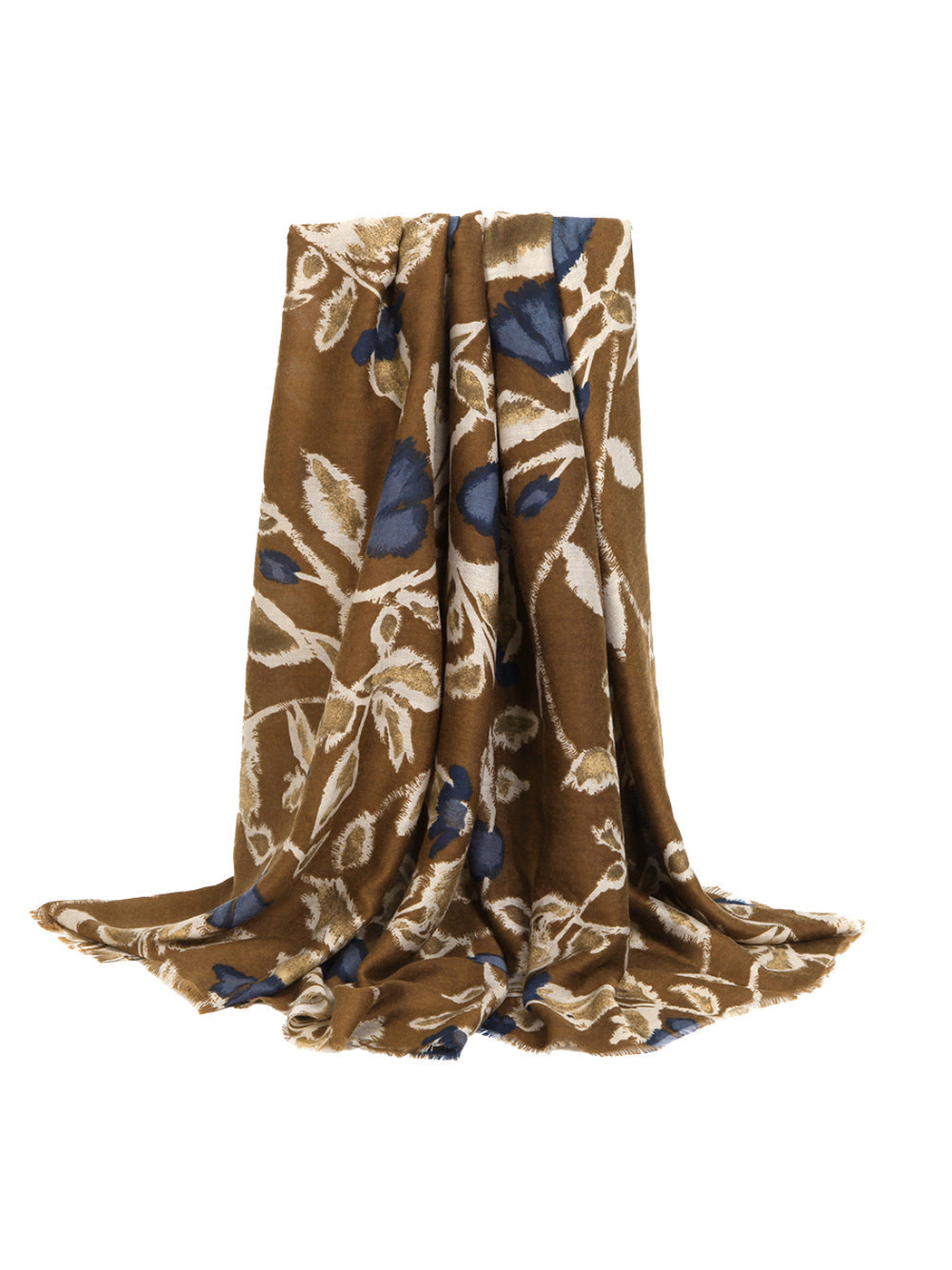Khaki botanical scarf in a full draped view