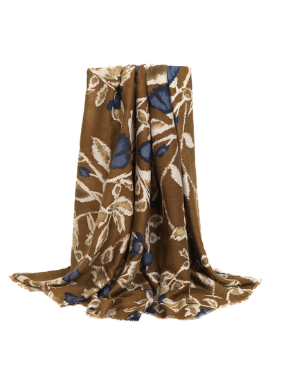 Khaki botanical scarf in a full draped view