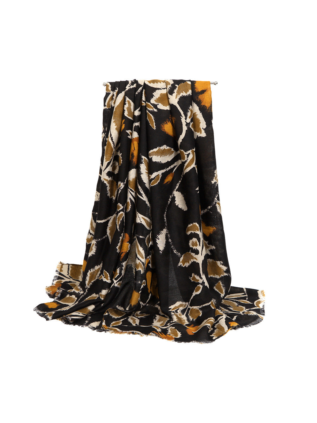 Black botanical scarf in a full draped view
