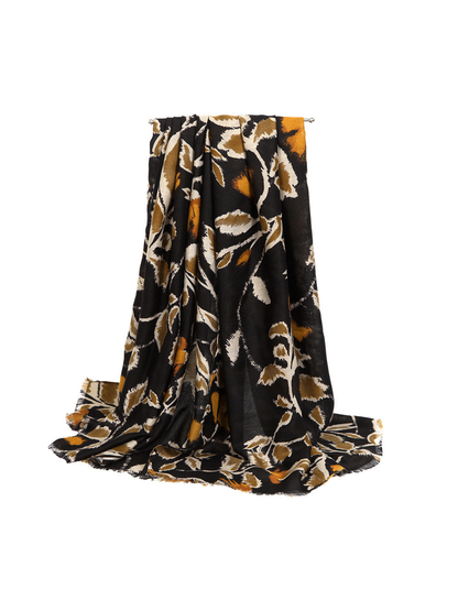 Black botanical scarf in a full draped view