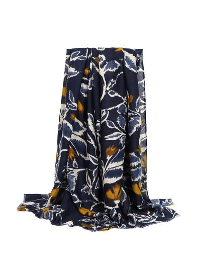 Navy blue botanical scarf in a full draped view
