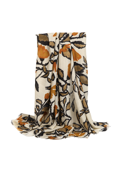Ivory botanical scarf in a full draped view