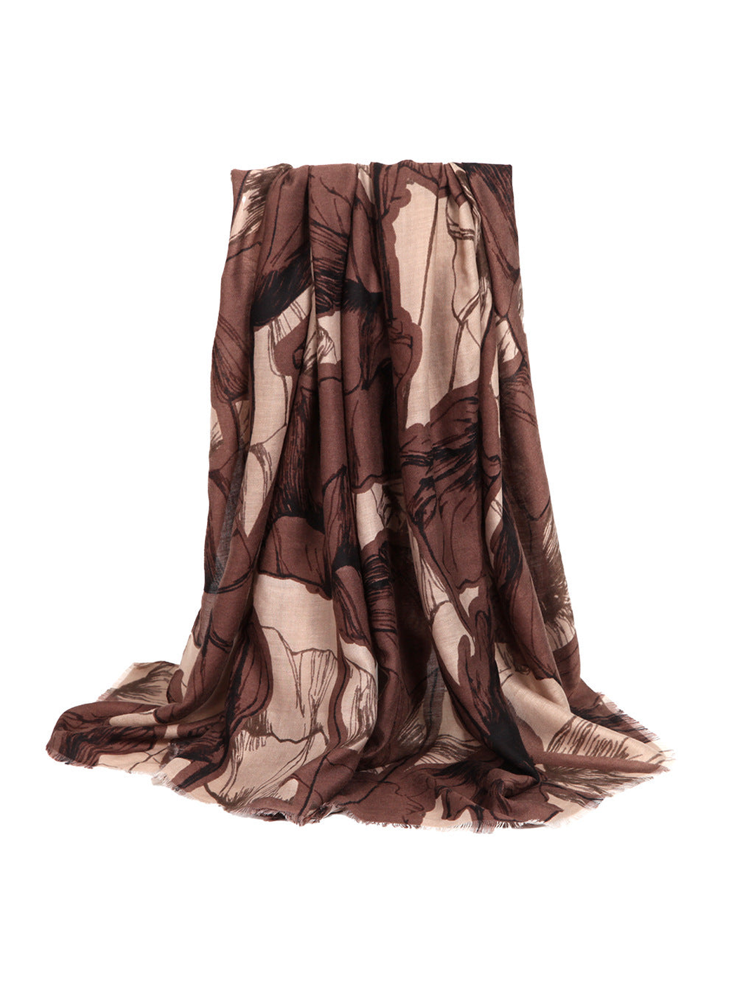 Brown oversized floral scarf with short fringed ends, draped view