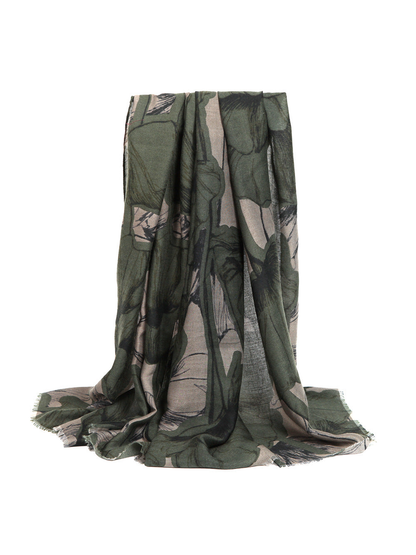 Army green oversized floral scarf with fringed ends, draped view