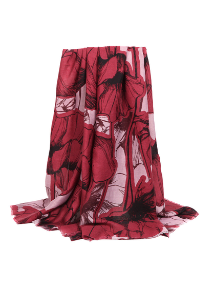 Red oversized floral scarf with fringed ends, draped view