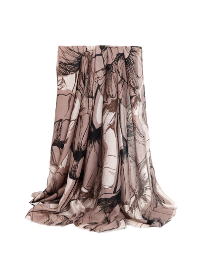 Khaki oversized floral scarf with fringed ends, draped view