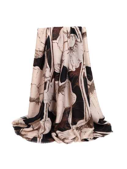 Cream, black and brown oversized floral scarf with fringed ends, draped view