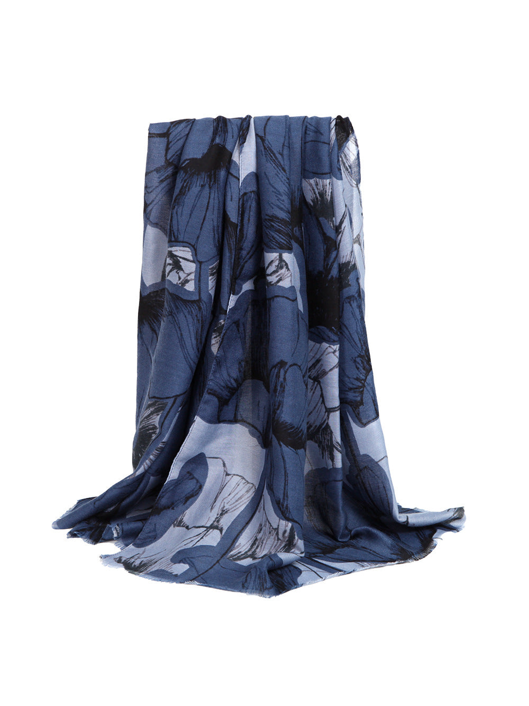 Blue oversized floral scarf with fringed ends, draped view