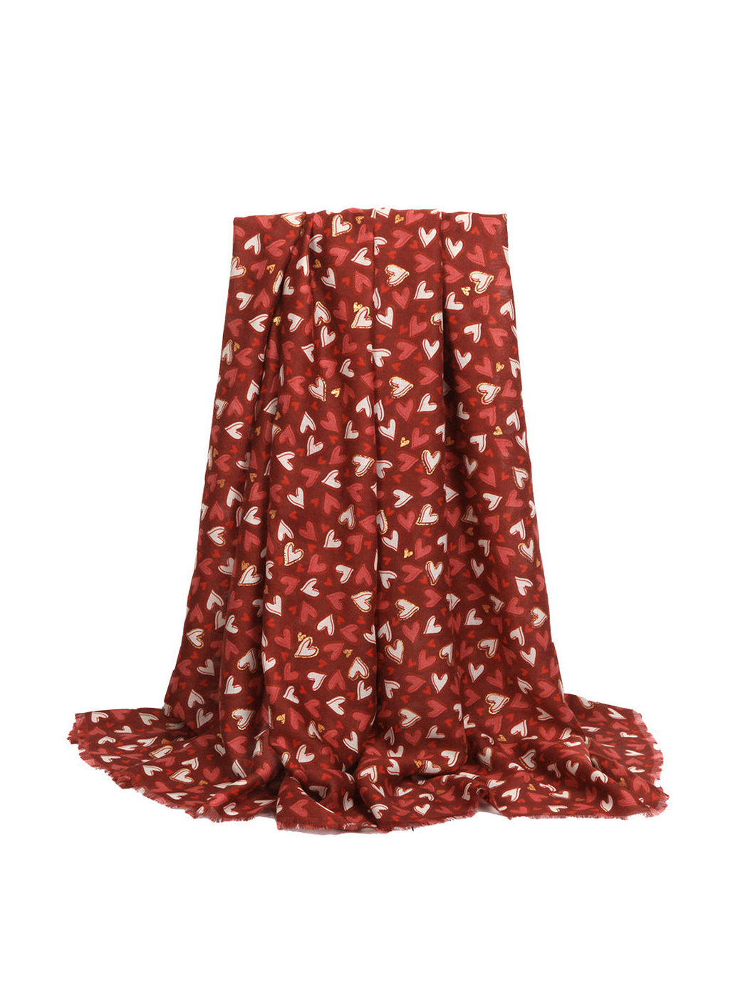 Red rectangular heart-print scarf with short fringed edges