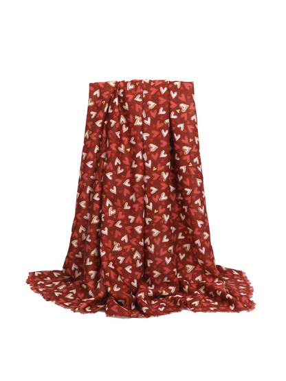 Red rectangular heart-print scarf with short fringed edges
