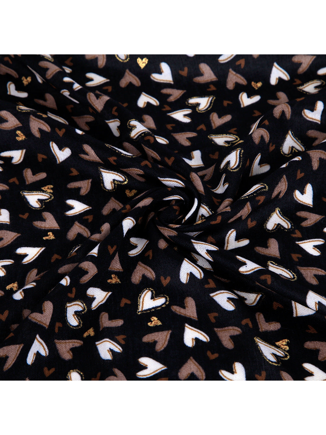Close-up of the heart pattern and gold-tone accents on the black scarf