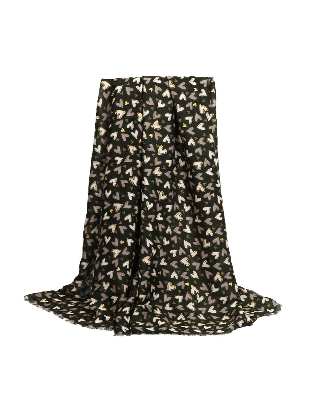 Green rectangular heart-print scarf with short fringed edges