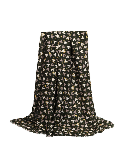 Green rectangular heart-print scarf with short fringed edges
