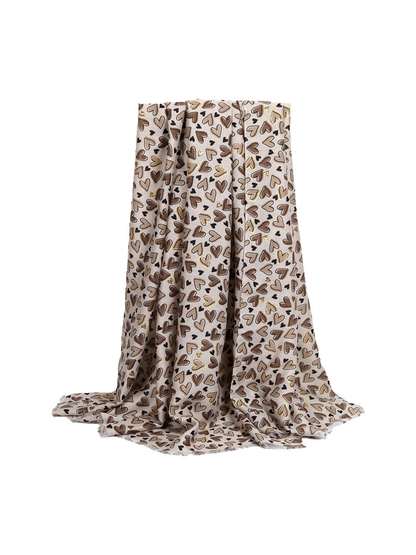 Beige rectangular heart-print scarf with short fringed edges
