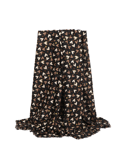 Black rectangular heart-print scarf with short fringed edges