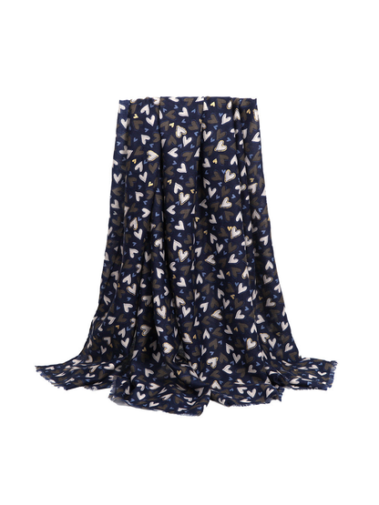 Navy rectangular heart-print scarf with short fringed edges