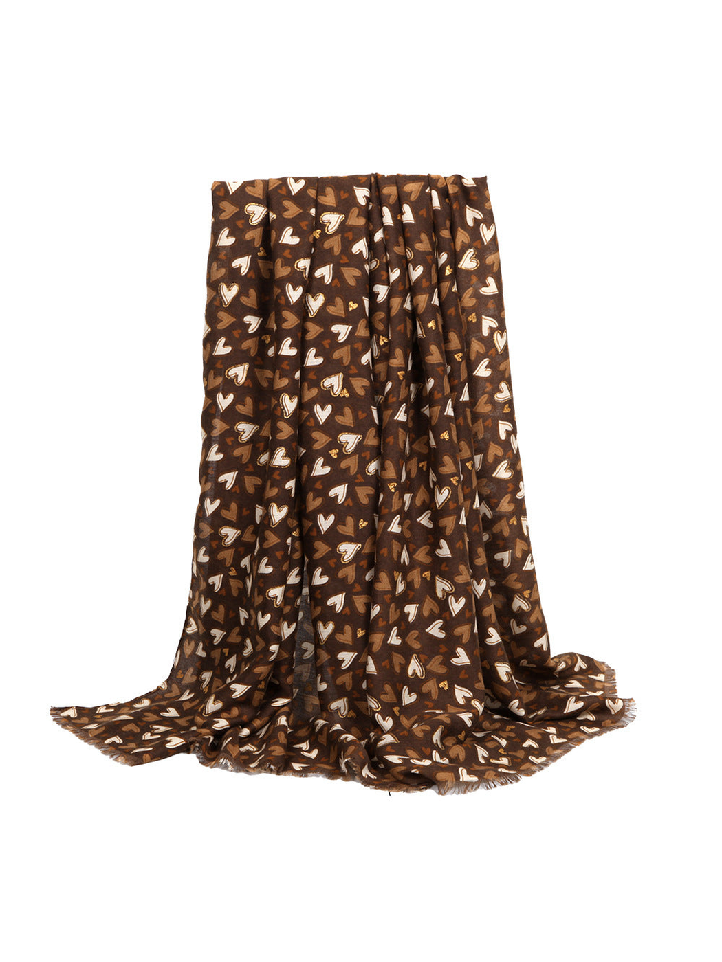Coffee brown rectangular heart-print scarf with short fringed edges