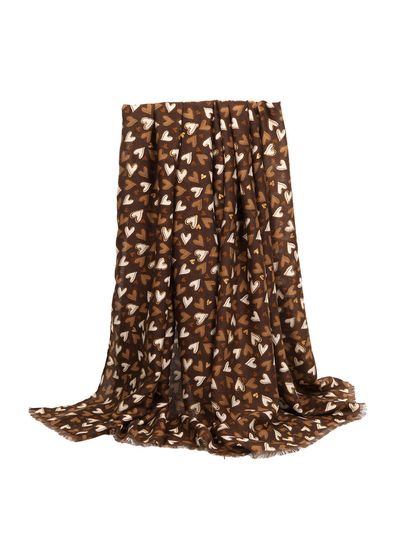 Coffee brown rectangular heart-print scarf with short fringed edges