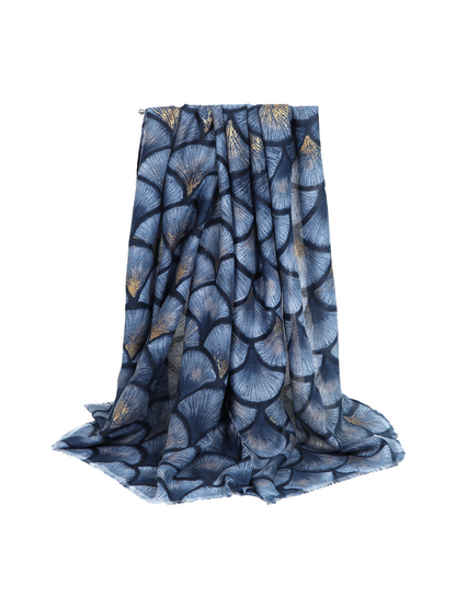 Blue ginkgo-pattern scarf with gold-tone accents in a full draped view