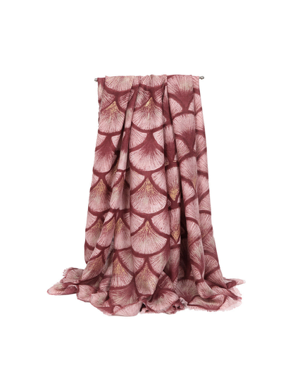 Dusty pink ginkgo-pattern scarf in a full draped view