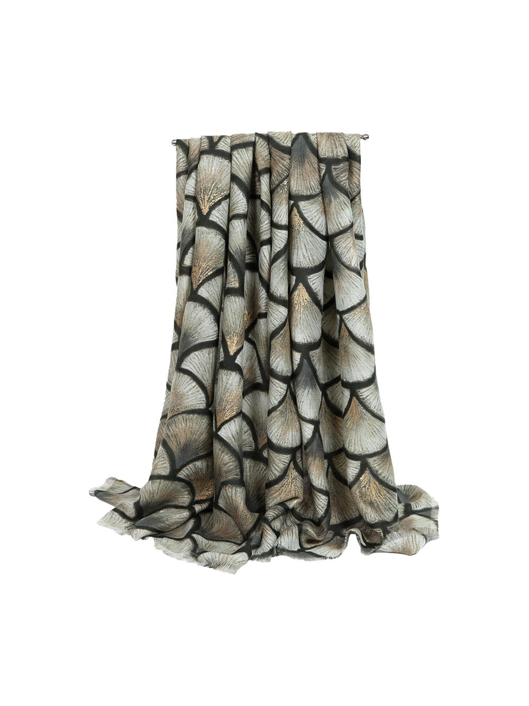 Muted green ginkgo-pattern scarf in a full draped view