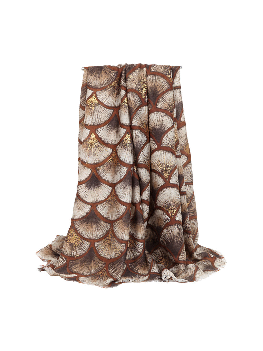 Beige ginkgo-pattern scarf in a full draped view