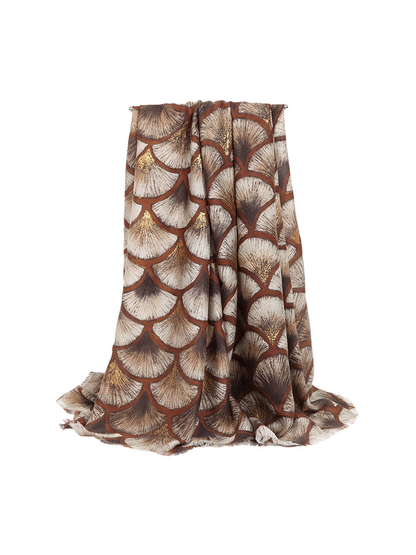 Beige ginkgo-pattern scarf in a full draped view