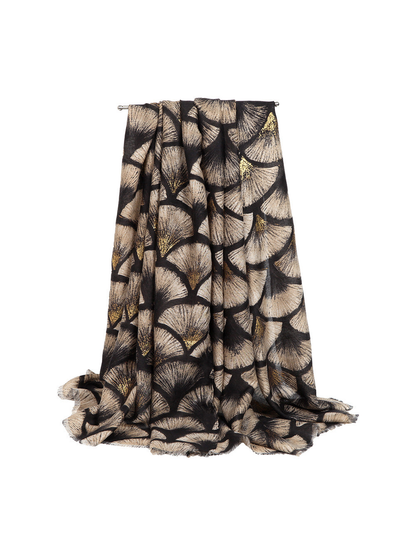 Black ginkgo-pattern scarf in a full draped view