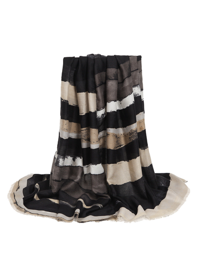 Black, cream and taupe abstract striped scarf with fringed edges