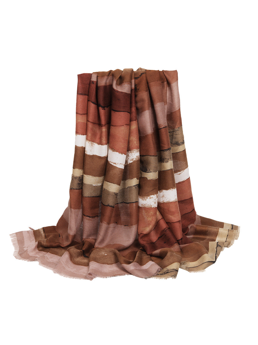 Red and brown abstract striped scarf with fringed edges