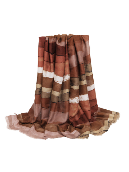 Red and brown abstract striped scarf with fringed edges