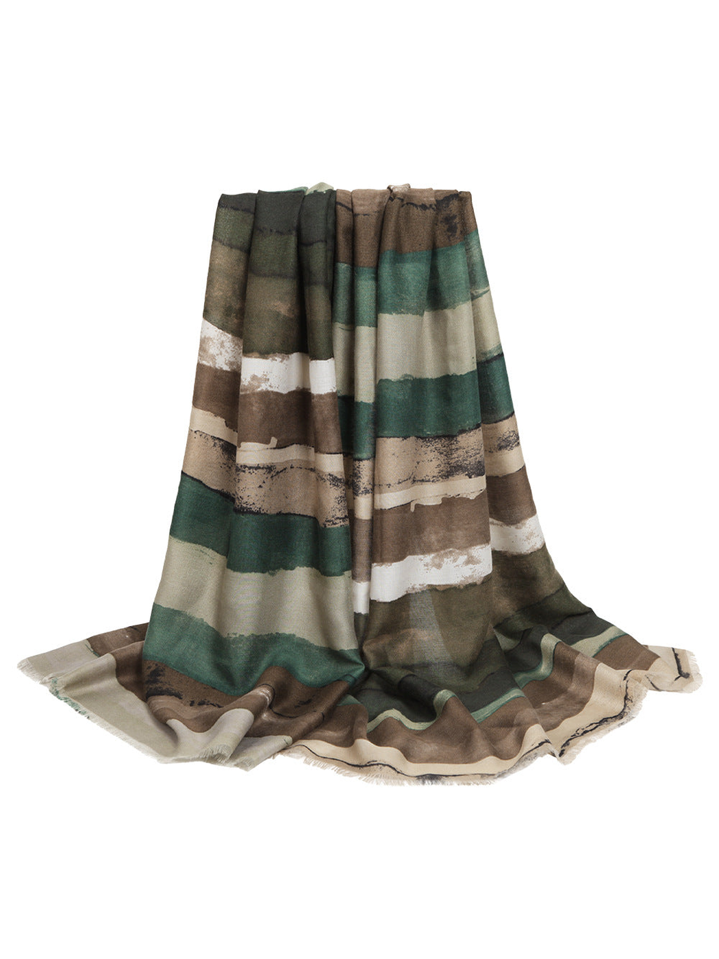 Dark green and brown abstract striped scarf with fringed edges