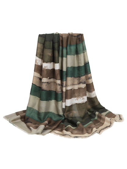 Dark green and brown abstract striped scarf with fringed edges