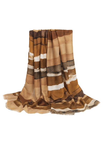 Camel and brown abstract striped scarf with fringed edges