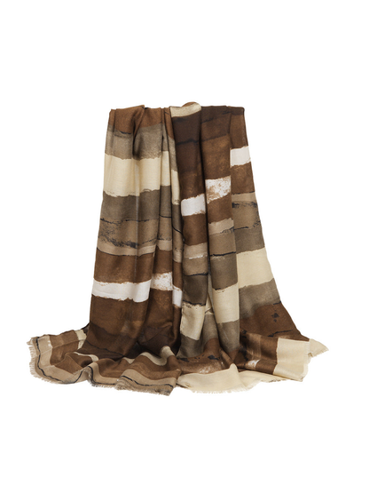 Coffee brown and cream abstract striped scarf with fringed edges