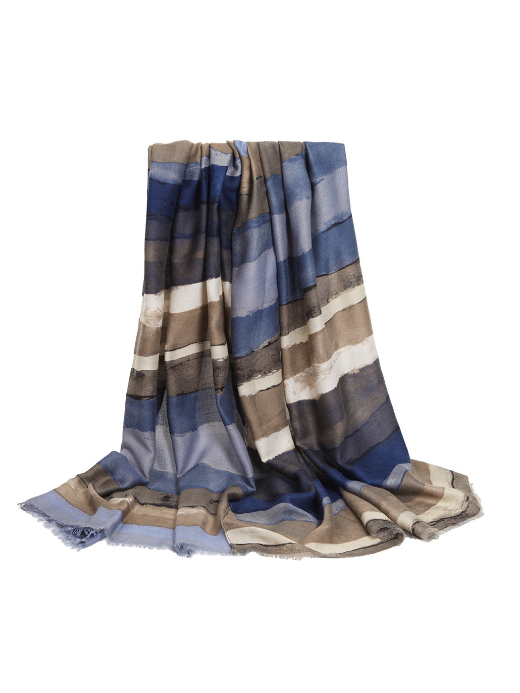 Blue-gray and brown abstract striped scarf with fringed edges
