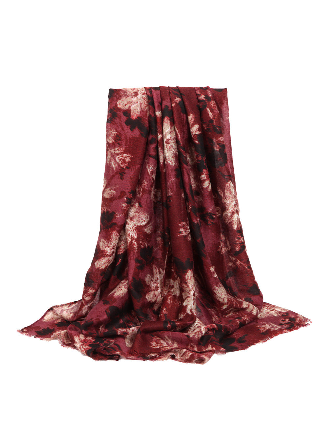 Burgundy abstract floral rectangular scarf with fringed edges