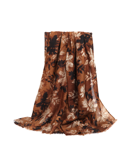 Caramel brown abstract floral rectangular scarf with fringed edges
