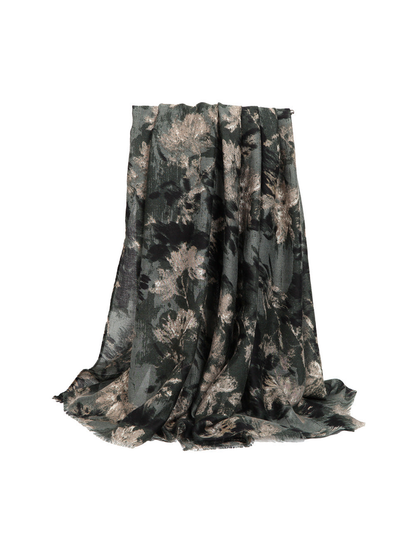 Dark green abstract floral rectangular scarf with fringed edges